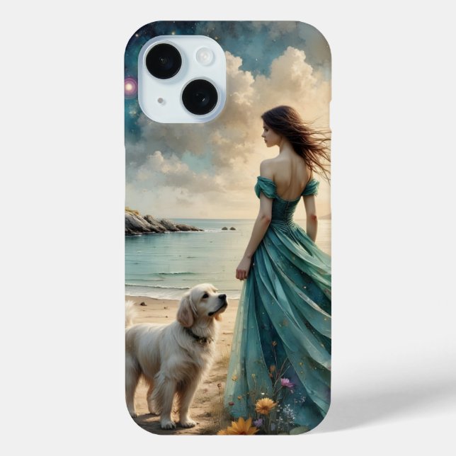 Coques Case-Mate iPhone Femme en robe bleue sur la plage avec chien (Verso)
