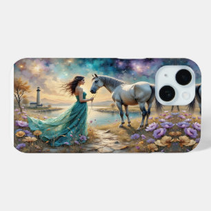 Coque Case-Mate iPhone Femme en robe bleue sur la plage avec un cheval, u