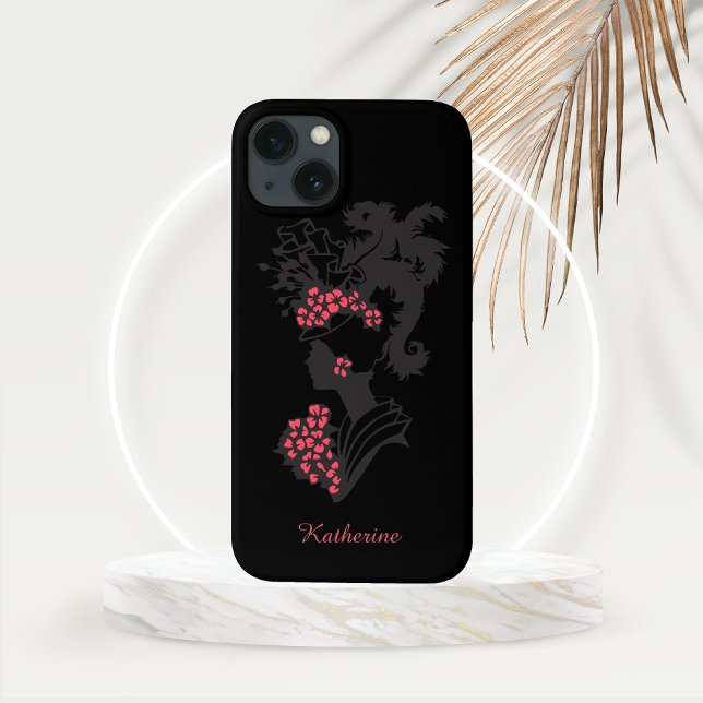 Coques Case-Mate iPhone Femme haute mode ombragée avec des accents roses (Personalized High Fashion Woman with Plumed Hat Phone Case)