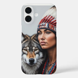 Coque Pour iPhone 16 Femme indienne d'Amérique avec loup