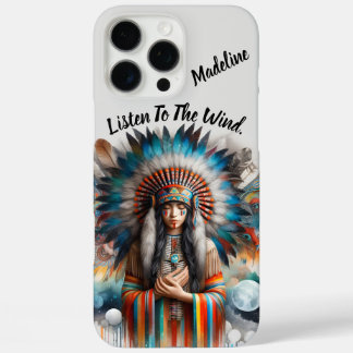 Coque iPhone 16 Pro Max Femme indienne indigène coiffure en plumes vibrant