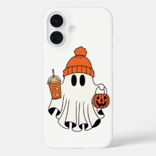 Coque Pour iPhone 16 Festif Fantôme avec panier Citrouille et latte gla
