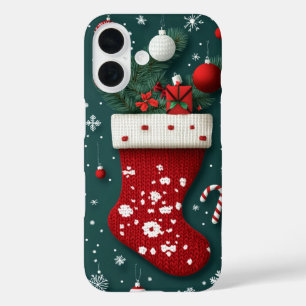 Coque Pour iPhone 16 Festive Knitted Christmas Stocking rouge vert