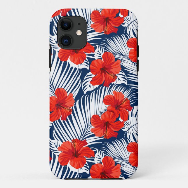 Coques Case-Mate iPhone Feuillage Tropical Avec Fleur D'Hibiscus Rouge (Dos)
