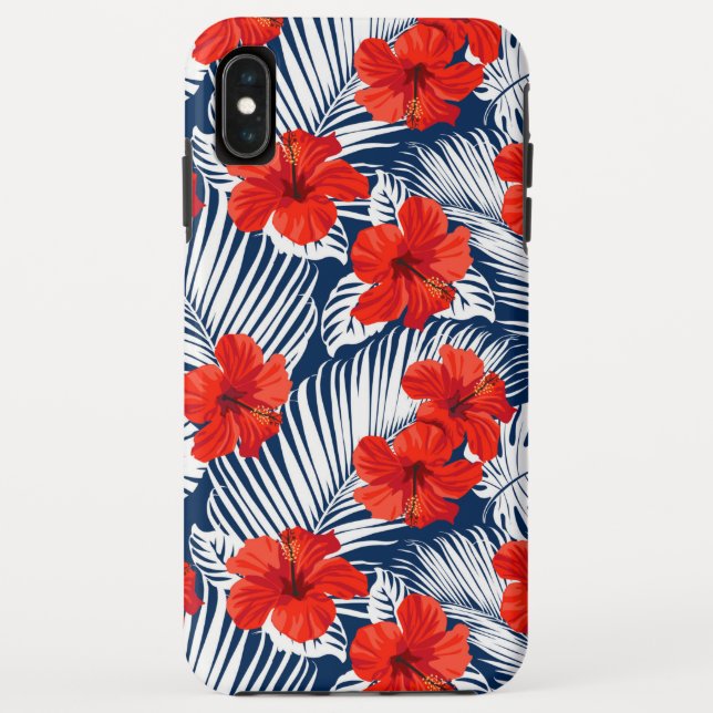 Coques Case-Mate iPhone Feuillage Tropical Avec Fleur D'Hibiscus Rouge (Dos)
