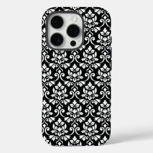 Coque iPhone 16 Pro Feuille Damask Patte blanc sur noir