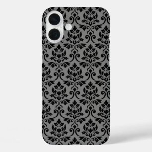 Coque Pour iPhone 16 Plus Feuille Damask Patte noir sur gris
