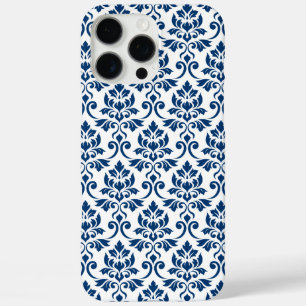 Coque iPhone 16 Pro Max Feuille Damask Pattern bleu foncé sur blanc