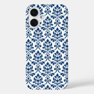 Coque Pour iPhone 16 Feuille Damask Pattern bleu foncé sur blanc