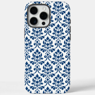 Coque iPhone 16 Pro Max Feuille Damask Pattern bleu foncé sur blanc