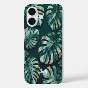 Coque Pour iPhone 16 Feuille de Monstera en or botanique avec nom