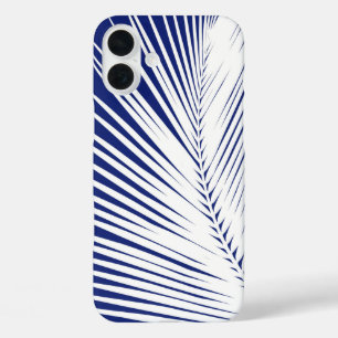 Coques iPhone 16 Plus Feuille de palme - bleu marine et blanc