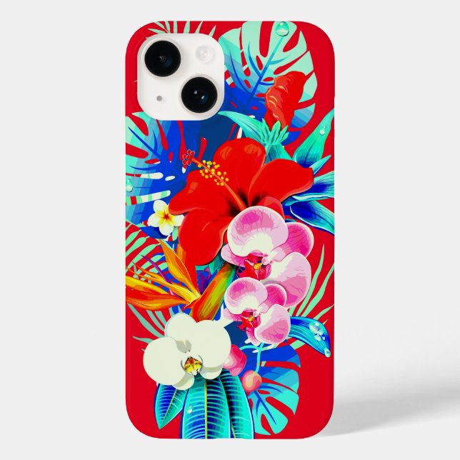 Coques Case-Mate iPhone Feuille de palme d'orchidée tropicale rouge floral (Verso)