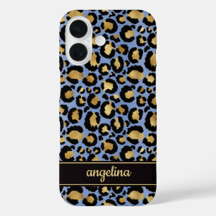 Coque Pour iPhone 16 Feuille d'Or sur Imprimé Léopard Bleu Monogrammé
