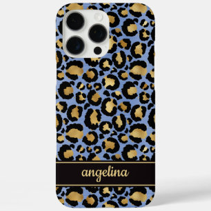 Coque iPhone 16 Pro Max Feuille d'Or sur Imprimé Léopard Bleu Monogrammé