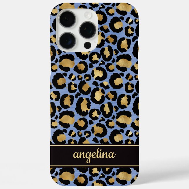Coques Case-Mate iPhone Feuille d'Or sur Imprimé Léopard Bleu Monogrammé (Verso)