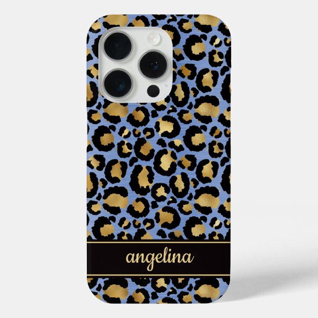 Coques Case-Mate iPhone Feuille d'Or sur Imprimé Léopard Bleu Monogrammé (Verso)
