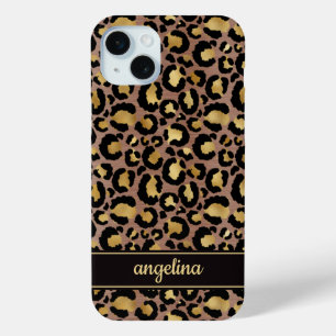 Coque Case-Mate iPhone Feuille d'Or sur Imprimé Léopard Brun Monogrammé