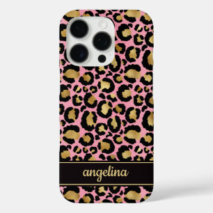Coque iPhone 16 Pro Feuille d'Or sur Imprimé Léopard Rose Monogrammé