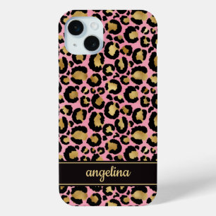 Coque Case-Mate iPhone Feuille d'Or sur Imprimé Léopard Rose Monogrammé