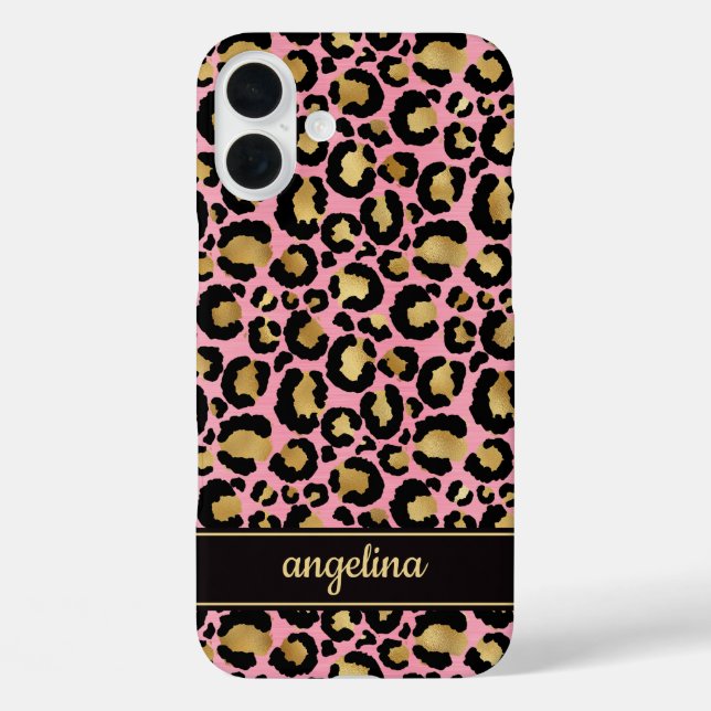 Coques Case-Mate iPhone Feuille d'Or sur Imprimé Léopard Rose Monogrammé (Verso)