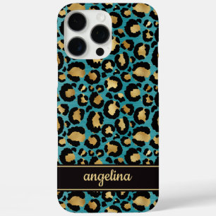 Coque iPhone 16 Pro Max Feuille d'Or sur Imprimé Léopard Sarcelle Monogram