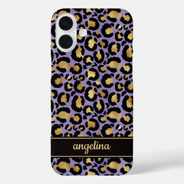 Coques Case-Mate iPhone Feuille d'Or sur Imprimé Léopard Violet Monogrammé (Verso)