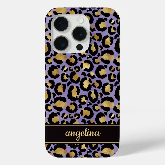 Coques Case-Mate iPhone Feuille d'Or sur Imprimé Léopard Violet Monogrammé (Verso)