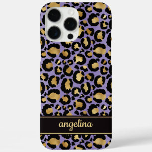 Coque iPhone 16 Pro Max Feuille d'Or sur Imprimé Léopard Violet Monogrammé