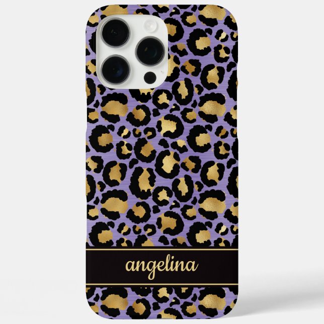 Coques Case-Mate iPhone Feuille d'Or sur Imprimé Léopard Violet Monogrammé (Verso)
