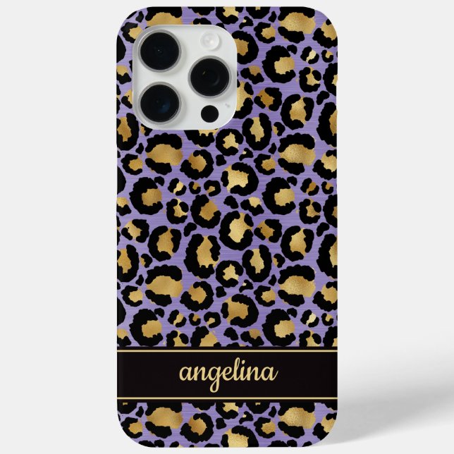 Coques Case-Mate iPhone Feuille d'Or sur Imprimé Léopard Violet Monogrammé (Verso)