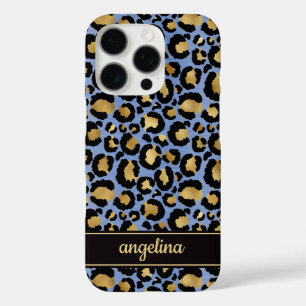 Coque iPhone 16 Pro Feuille d'or sur monogramme imprimé léopard bleu