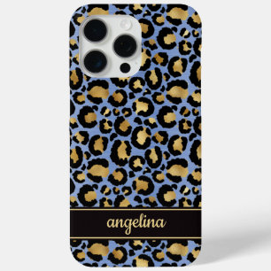 Coque Case-Mate iPhone Feuille d'or sur monogramme imprimé léopard bleu