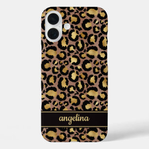 Coque Pour iPhone 16 Plus Feuille d'Or sur Monogramme Imprimé Léopard Brun