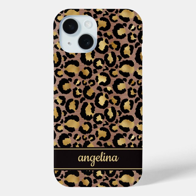Coques Case-Mate iPhone Feuille d'Or sur Monogramme Imprimé Léopard Brun (Verso)