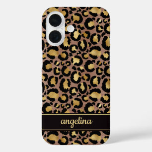 Coque Pour iPhone 16 Feuille d'or sur monogramme imprimé léopard marron