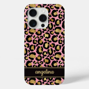 Coque Case-Mate iPhone Feuille d'or sur monogramme imprimé léopard rose