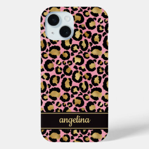 Coque Case-Mate iPhone Feuille d'or sur monogramme imprimé léopard rose