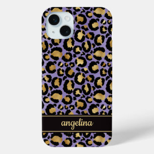 Coque Case-Mate iPhone Feuille d'or sur monogramme imprimé léopard violet