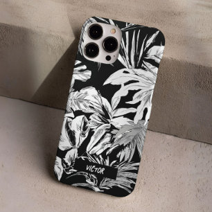 Coque iPhone 16 Pro Feuille tropicale noire et blanche moderne unique 