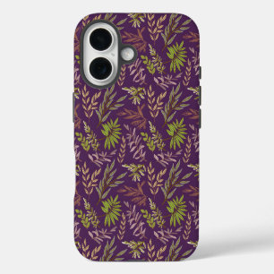 Coque Pour iPhone 16 Feuilles botaniques : un dos violet époustouflant