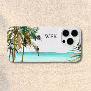 Coque iPhone 16 Pro Max Feuilles de palmier tropicales monogrammées Plage