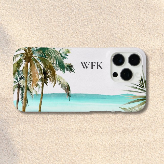 Coques Case-Mate iPhone Feuilles de palmier tropicales monogrammées Plage  (Close up)