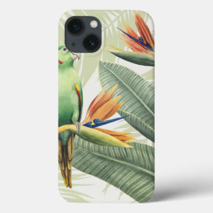 Etui iPhone 13 Feuilles De Palmiers Avec Oiseau Vert