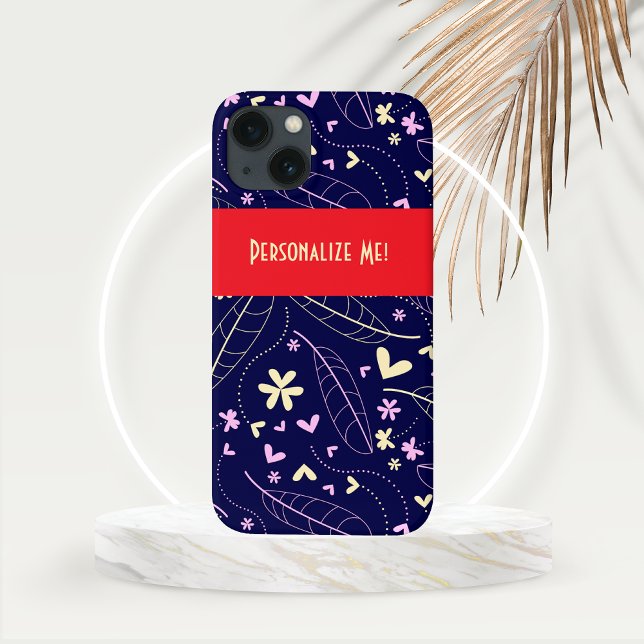 Coques Case-Mate iPhone Feuilles et fleurs de coeur sur bleu Personnalisé (Leaves and Heart Flowers with Personalized bar on Dark Blue Background set on Gold Frond Mockup)