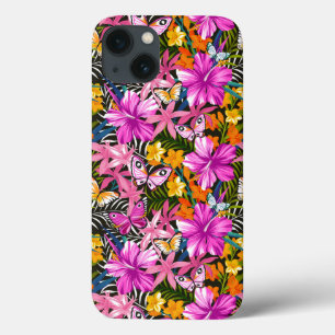 Etui iPhone 13 feuilles et fleurs tropicaux