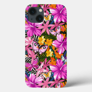 Etui iPhone 13 feuilles et fleurs tropicaux