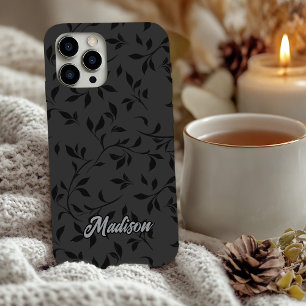 Coque Pour iPhone 16 Feuilles noires élégantes monogramme gris