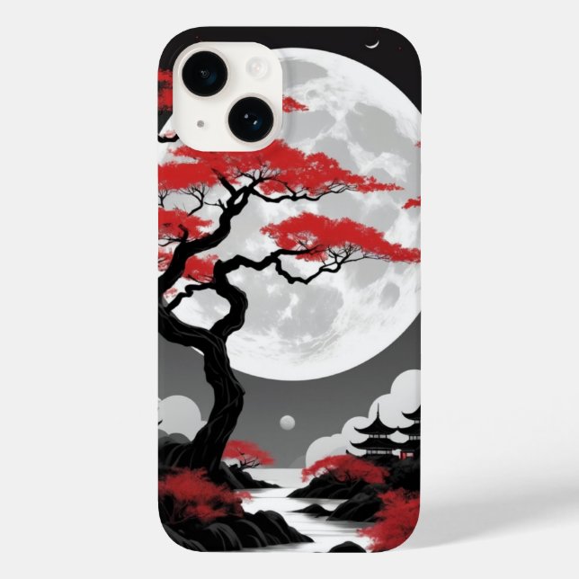 Coques Case-Mate iPhone feuilles rouges et pleine lune (Verso)