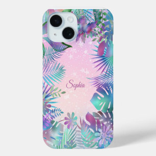 Coque Case-Mate iPhone Feuilles tropicales, ciel rose étoiles blanches, n